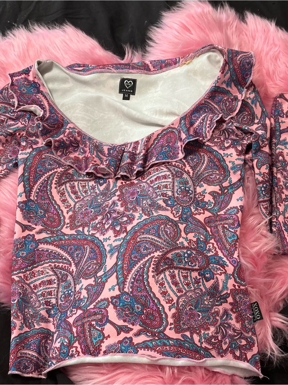 Vintage Pink Paisley Ruffle-Neck Top long sleeve
